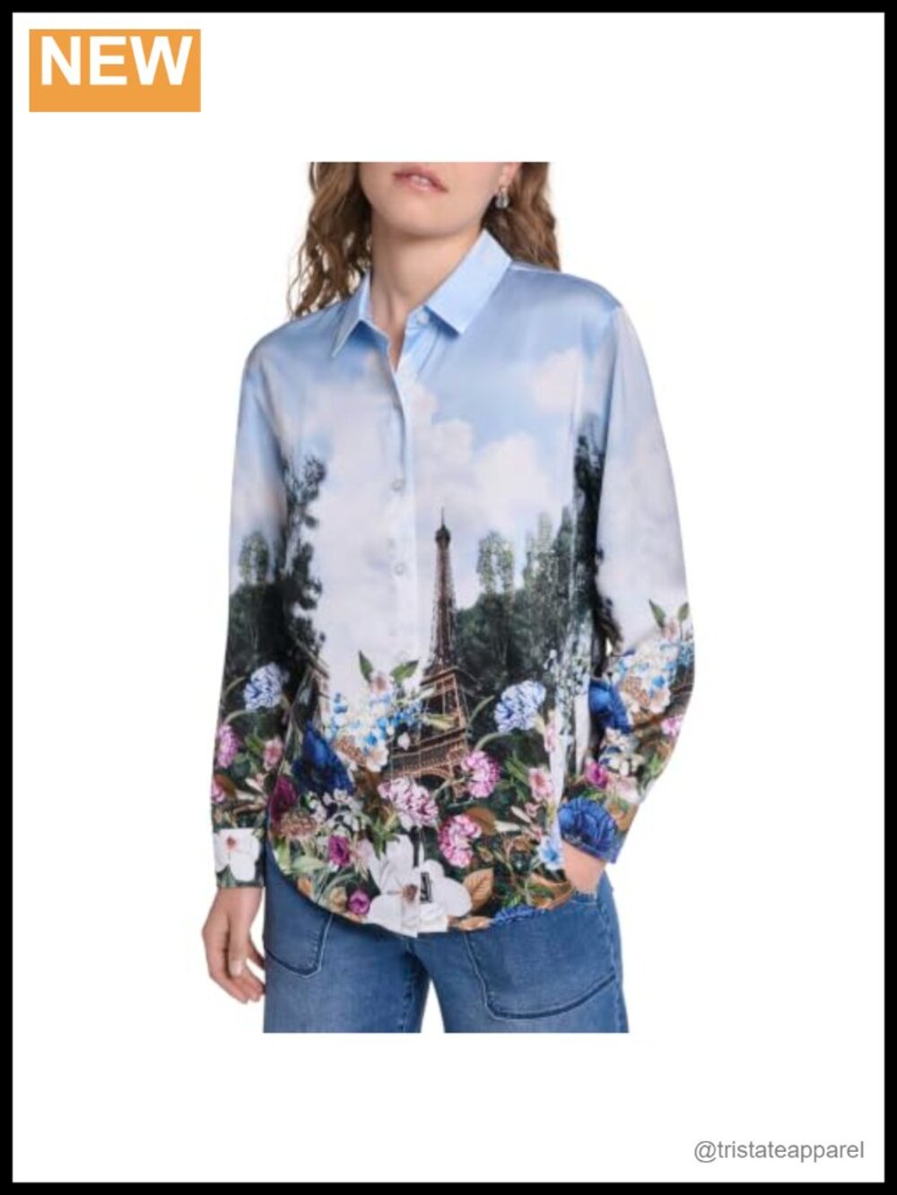 Paris Scene Whimsical Floral Print Long Sleeve Button Down Blouse Polyester